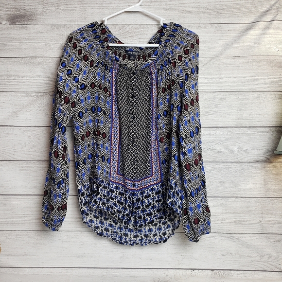 Lucky Brand Ikat Boho Peasant‎ Long Sleeve Top Womens Medium - Picture 1 of 14